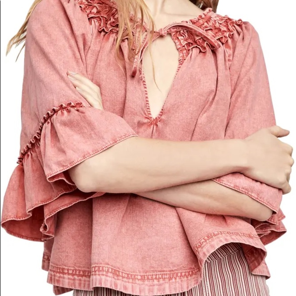 FREE PEOPLE Denim tie neck top
